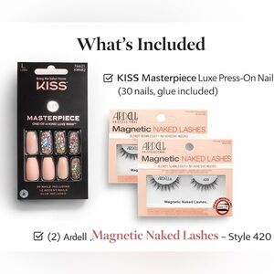 KISS Masterpiece Press-On Nails + Ardell Magnetic Lashes Bundle NWT Glam Set